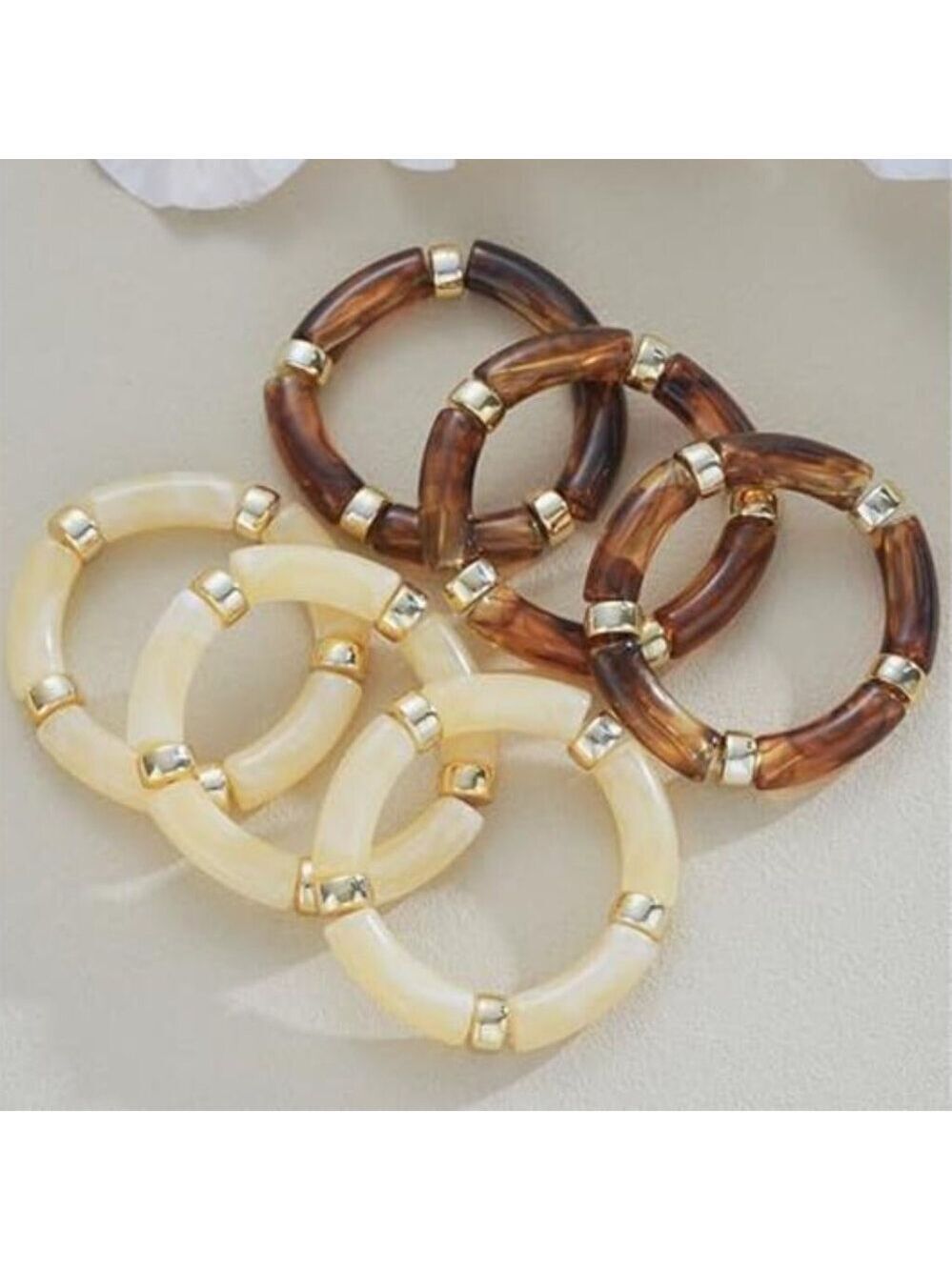 6pcs Chunky Acrylic Bangle Bracelets Resin Bamboo Brown and Pearl White Tone - Picture 7 of 10